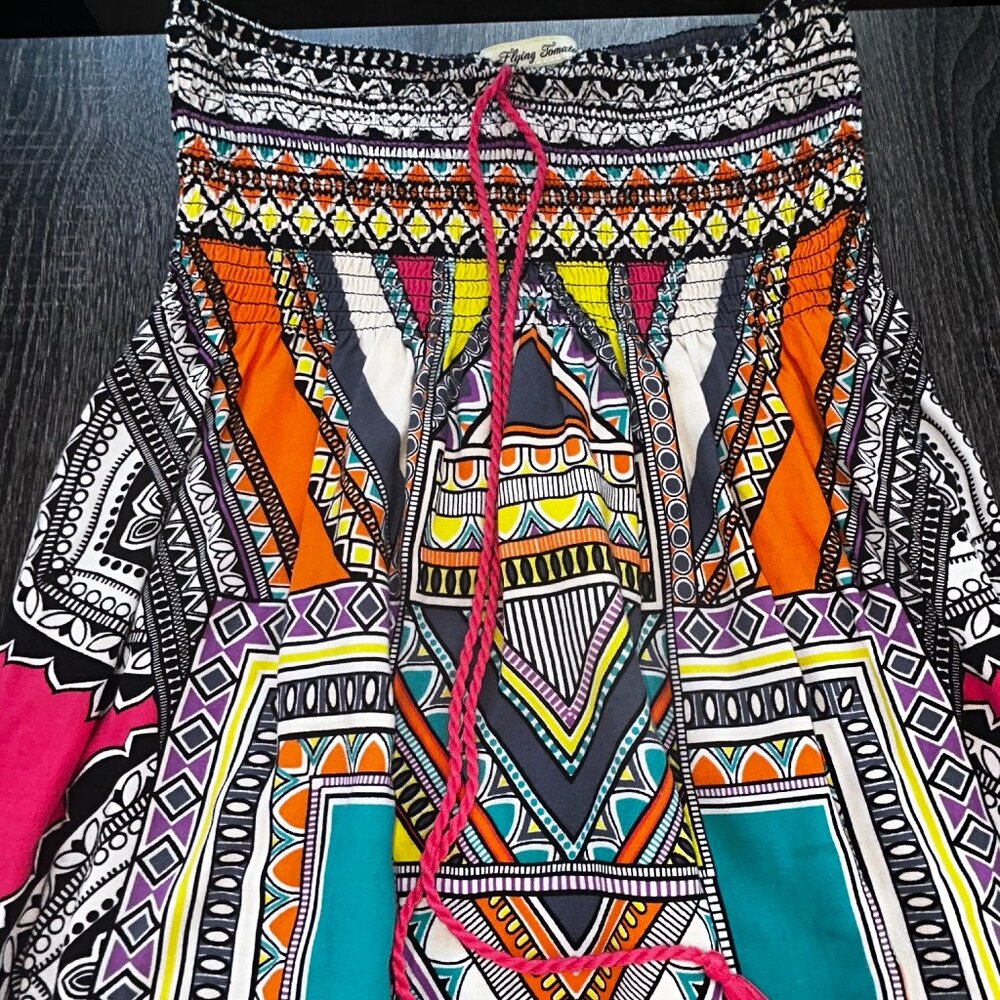 Flying Tomato Boho Tribal Maxi Dress Women's Large Strapless Smocked Multicolor